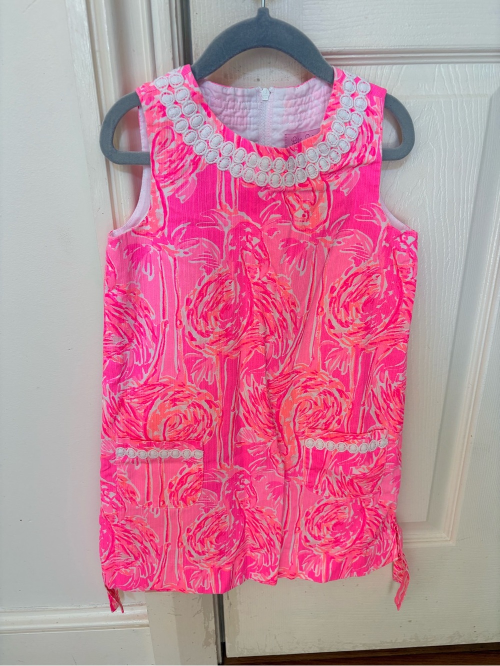 Lilly Pulitzer Neon Pink Floral Sleeveless Shift Dress with Embellished Collar